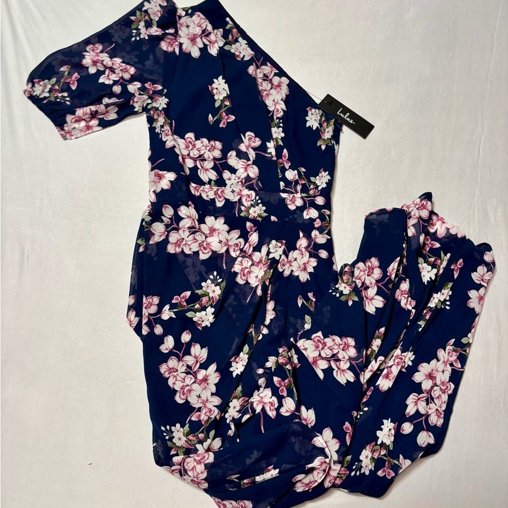 Lulu's Navy Floral One Shoulder Dress